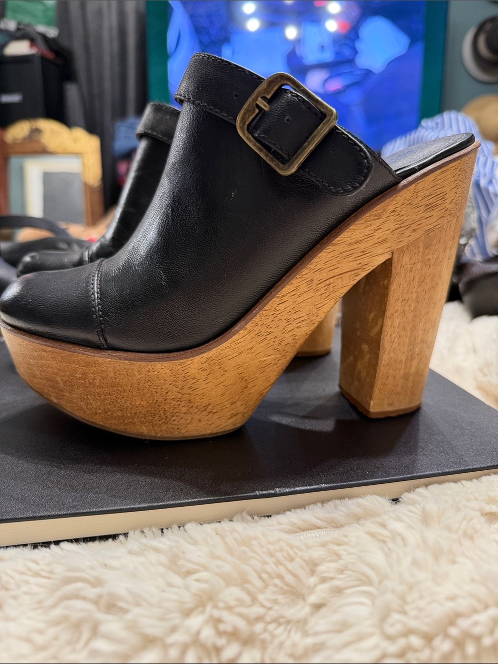 Kelsi Dagger Black Leather Platform Clog Mules with Wooden Heel